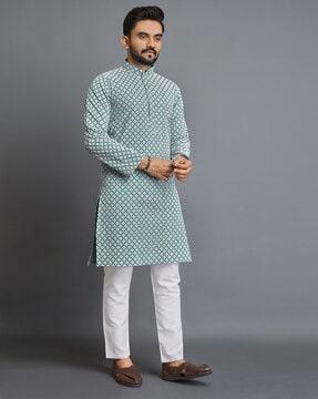 men embroidered regular fit long kurta