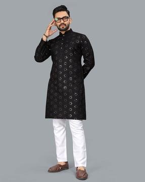 men embroidered regular fit long kurta