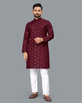 men embroidered regular fit long kurta