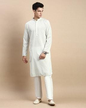 men embroidered regular fit long kurta