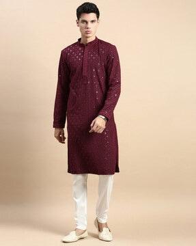 men embroidered regular fit long kurta