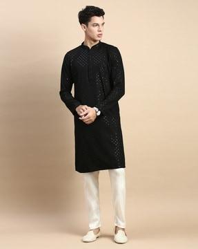 men embroidered regular fit long kurta