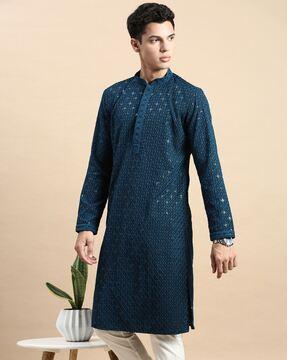 men embroidered regular fit long kurta