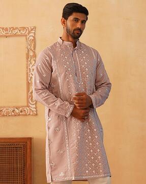 men embroidered regular fit long kurta