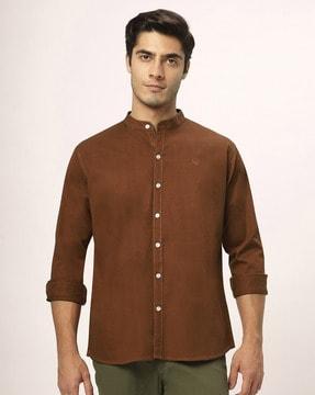 men embroidered regular fit shirt with band collar