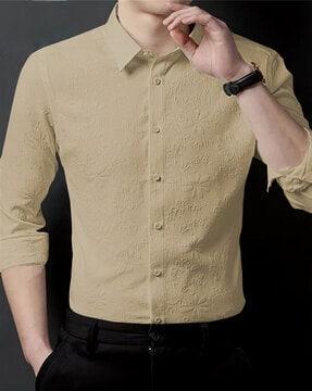 men embroidered regular fit shirt with spread collar