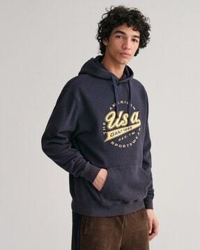 men embroidered relaxed fit hoodie with kangaroo pocket