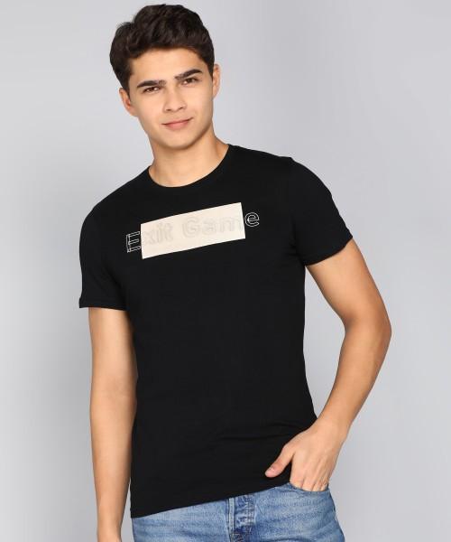 men embroidered round neck pure cotton black t-shirt