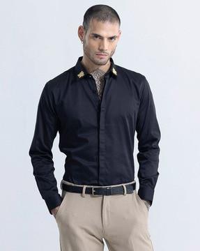 men embroidered slim fit shirt with spread collar