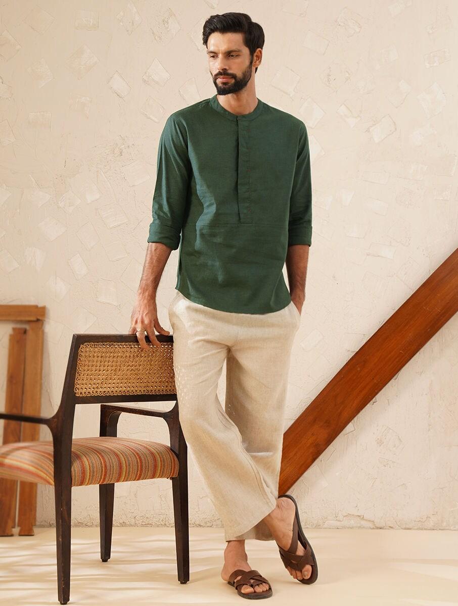 men emerald green cotton linen solid mandarin collar regular fit kurta