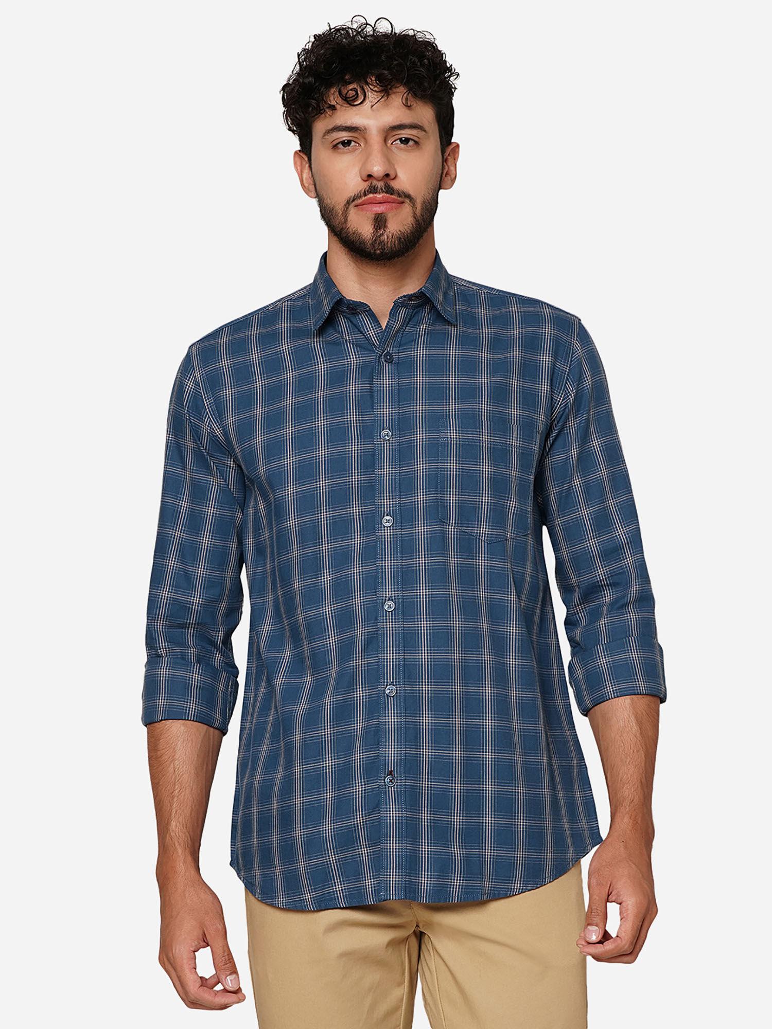 men ensign blue cotton regular checks casual shirt