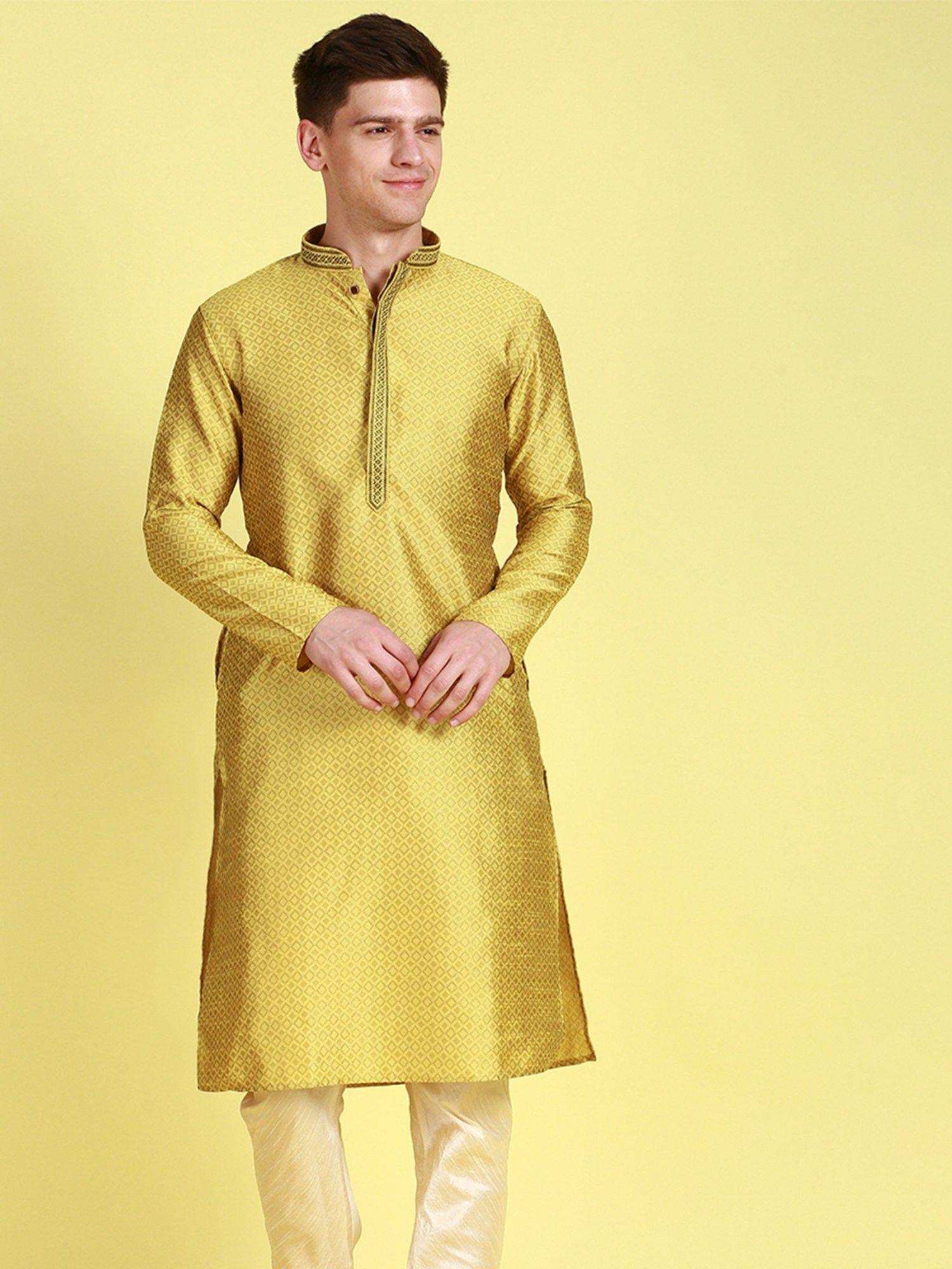 men ethnic floral pattern embellished yellow jacquard kurta