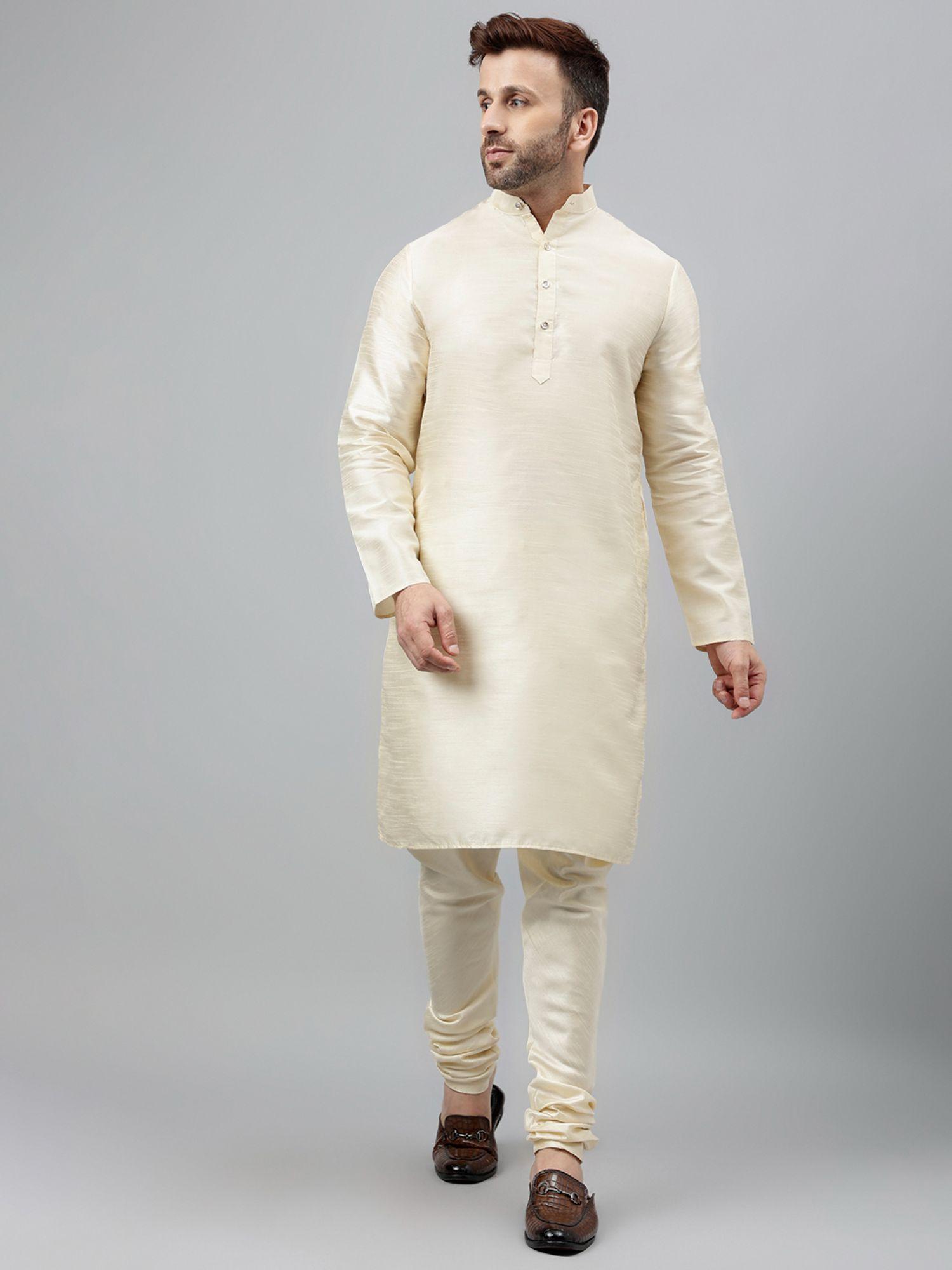 men ethnicwear kurta with churidar cream (set of 2)