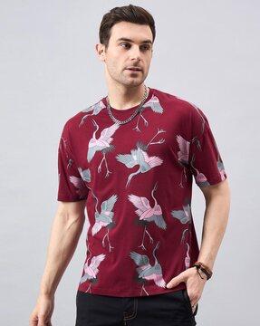 men flamingo print loose fit round-neck t-shirt