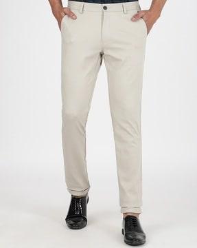 men flat-front slim fit trousers with insert pockets