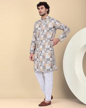 men floral priint relaxed-fit long kurta with mandarin collar