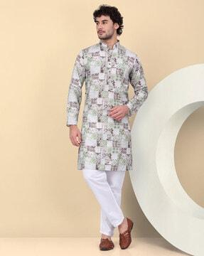 men floral priint relaxed-fit long kurta with mandarin collar