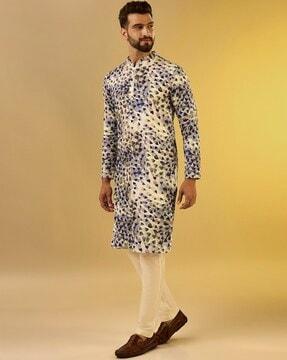 men floral print long kurta with mandarin neck