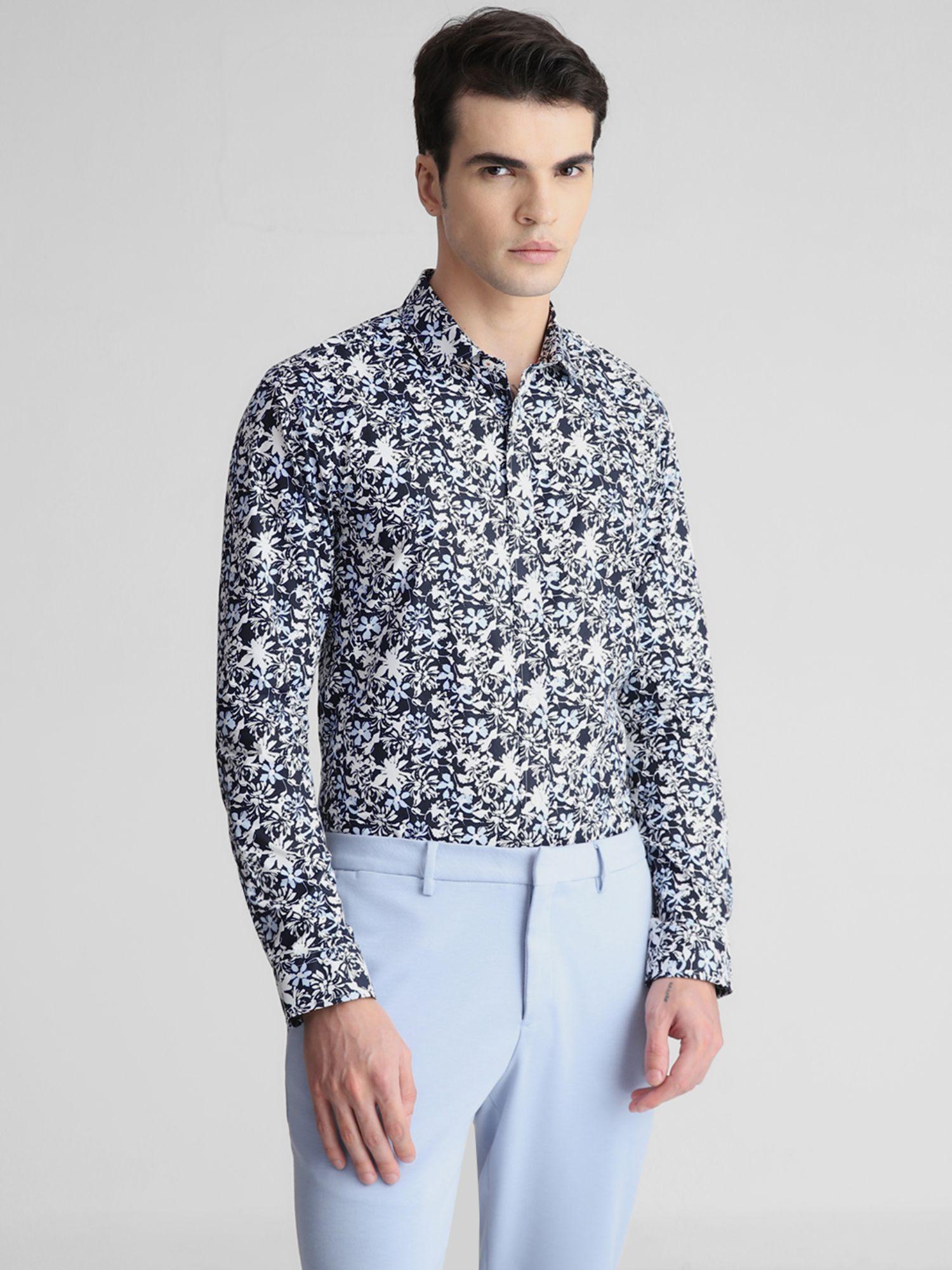 men floral print navy blue shirt