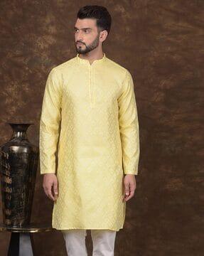 men floral print regular fit long kurta with full sleeves