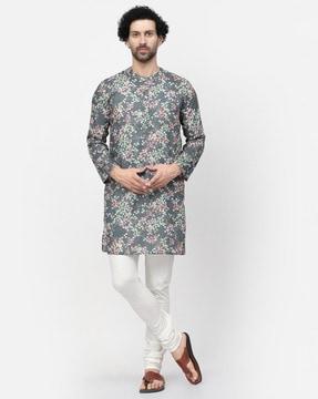men floral print regular fit long kurta with mandarin collar