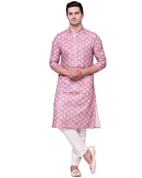 men floral print regular fit long kurta with mandarin collar