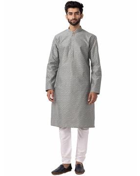 men floral print regular fit long kurta with mandarin collar