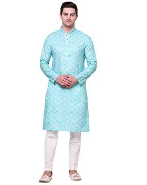 men floral print regular fit long kurta with mandarin collar