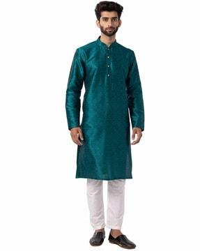 men floral print regular fit long kurta with mandarin collar