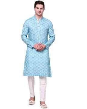 men floral print regular fit long kurta with mandarin collar