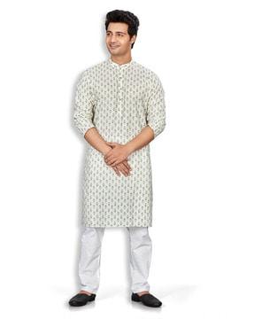 men floral print regular fit long kurta with mandarin collar