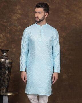 men floral print regular fit long kurta with mandarin collar