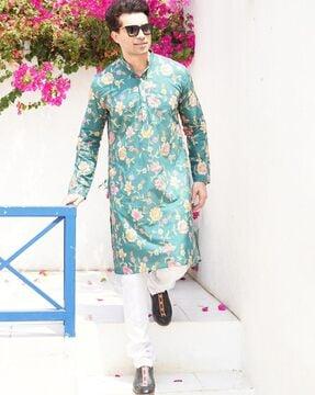 men floral print regular fit long kurta with mandarin collar