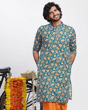 men floral print regular fit long kurta