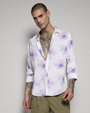 men floral print regular fit shirt with cuffed sleeves