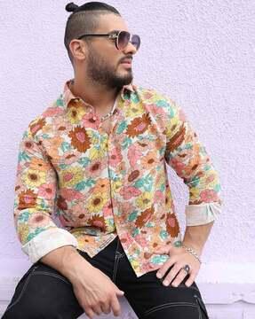 men floral print regular fit shirt with cuffed sleeves