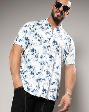 men floral print regular fit shirt with spread collar