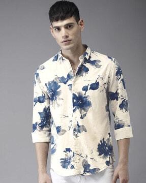 men floral print regular fit shirt with spread collar