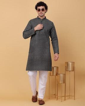 men floral print relaxed-fit long kurta with mandarin collar