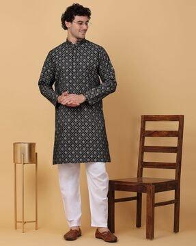 men floral print relaxed-fit long kurta with mandarin collar