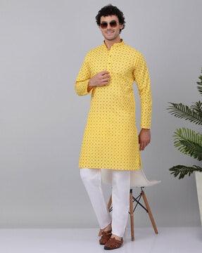 men floral print relaxed-fit long kurta with mandarin collar