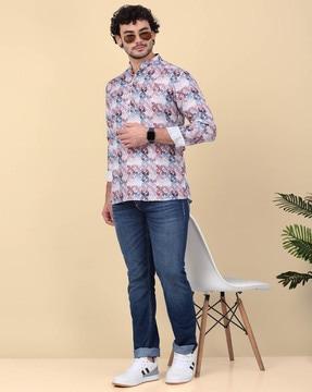 men floral print relaxed-fit short kurta with mandarin collar