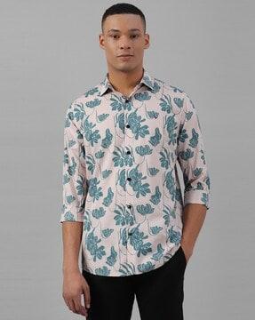 men floral print slim fit cotton shirt