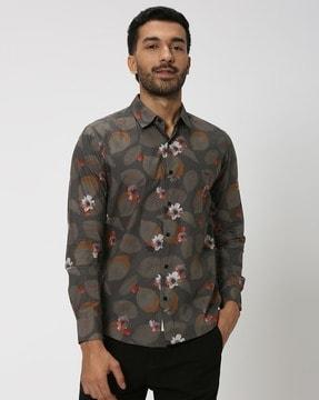 men floral print slim fit cotton shirt