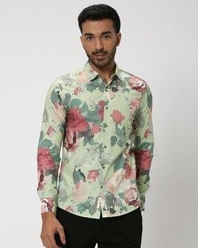 men floral print slim fit cotton shirt