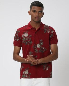 men floral print slim fit polo t-shirt