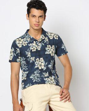 men floral print slim fit polo t-shirt