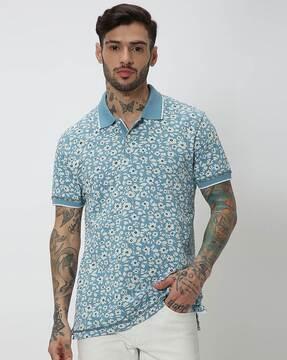 men floral print slim fit polo t-shirt