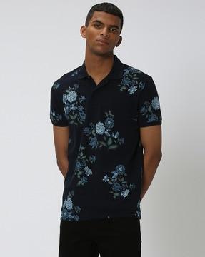 men floral print slim fit polo t-shirt