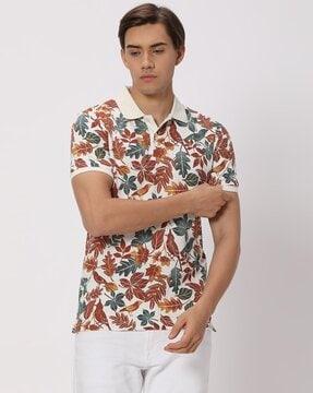 men floral print slim fit polo t-shirt